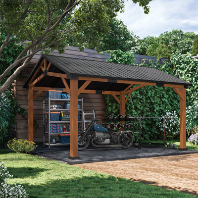 LUE BONA 14' X 12' Outdoor Metal Roof Gazebo With Wooden Frame, Hardtop Gazebo, Resistant Sloping Steel Roof