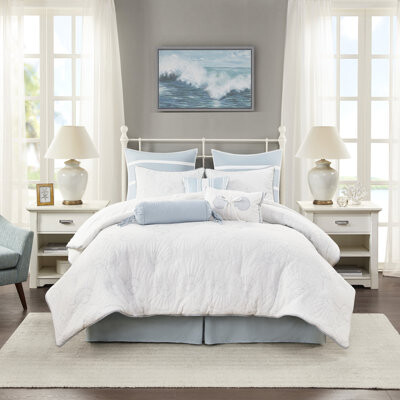 Banior King Comforter White With Blue Shell Design For Stylish And Clean Bedroom