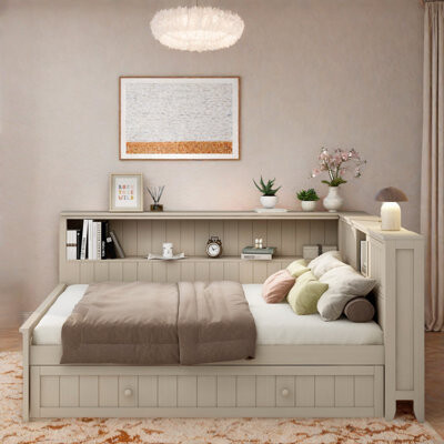 Red Barrel Studio Wood Daybed With Storage Shelves Sliding Doors And Trundles