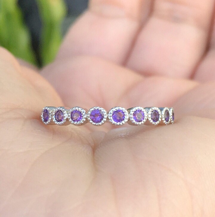 Etsy Amethyst Ring Bezel Set Half Eternity Bubble Band Scalloped Dot February Birthstone Art Deco Wedding Stack