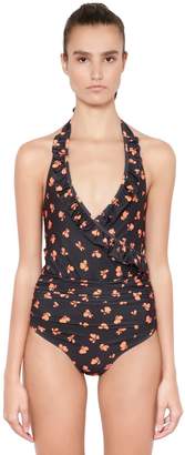 Ganni Ruffled Floral Wrap One Piece Swimsuit
