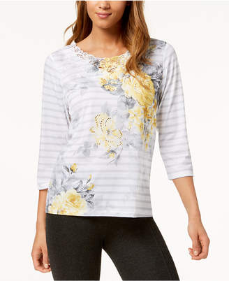 Alfred Dunner Petite Charleston Floral-Stripe Lace-Trim Top