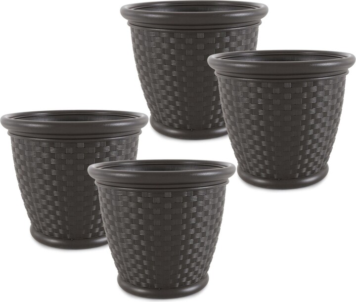 Suncast Sonora 18 Inch Resin Wicker Decorative Flower Planter, Brown (4 Pack)