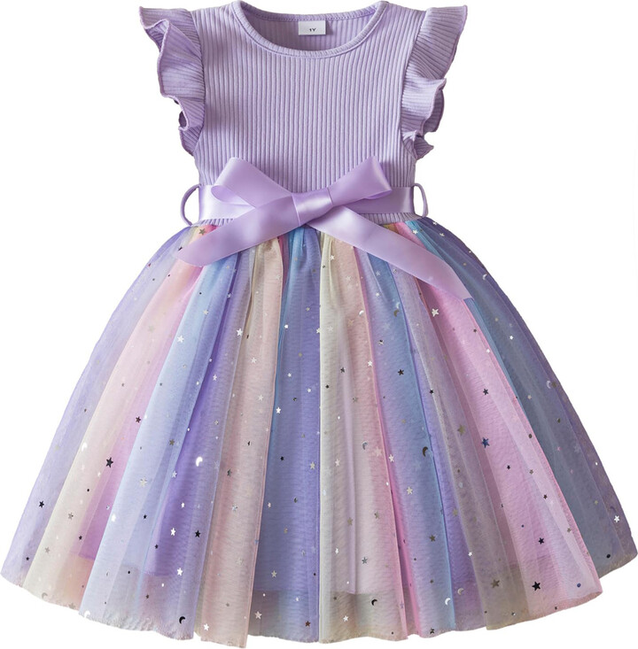 None New Girls Dress for Sequins Birthday 1-5Y Toddler Girls Rainbow Tulle Dress Sweet Kids Princess Dress for Girls 2025 Summer Wear