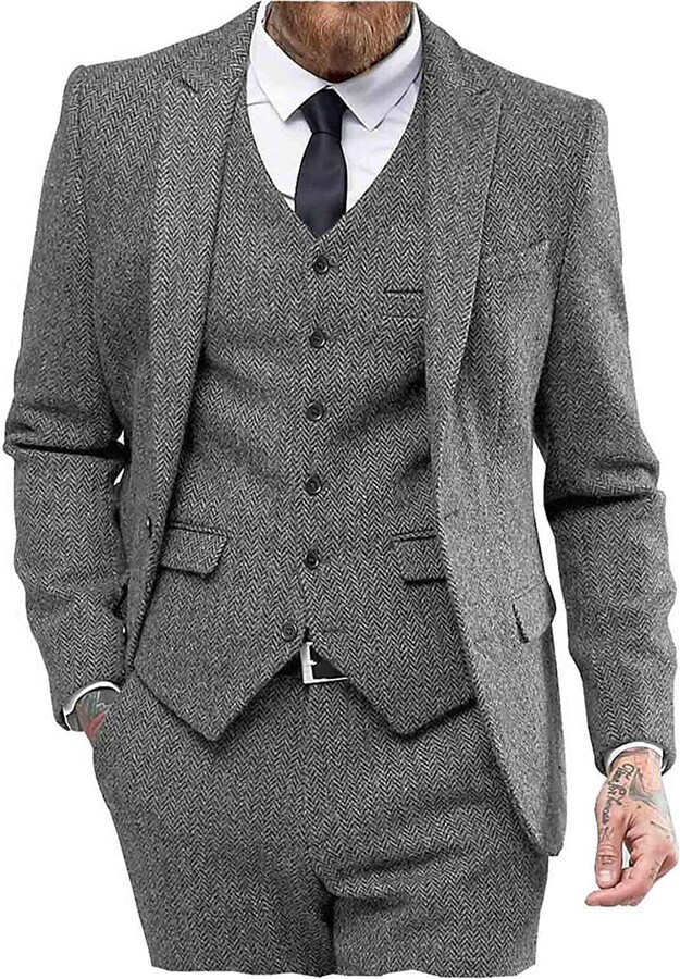 Tuikayoo Mens Vintage Suit 3 Piece Tweed Herringbone Wedding Suit Prom
