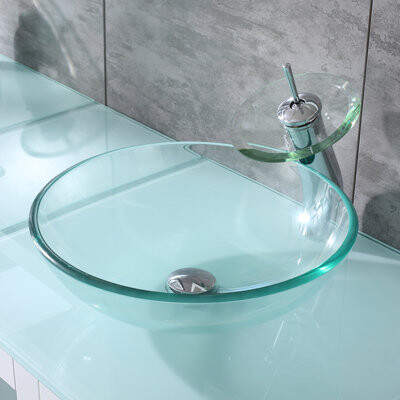 wonline Clear Tempered Glass Circular Vessel Bathroom Sink with Faucet and Overflow