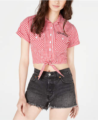 MILLY Womens Washed Linen Striped Button Down Western Cropped Shirt