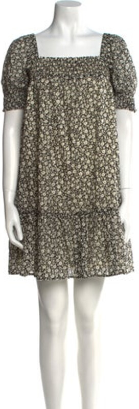 Tory Burch Shift Dress Black Floral Print Pleated & Ruffle Accents Short Sleeve with Square Neckline Designer