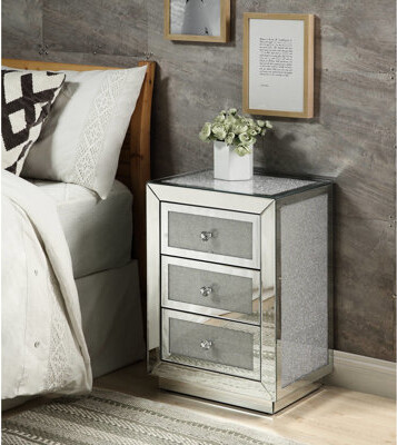 Andrey Mirrored & Faux Diamonds Accent Table - Rectangular, Contemporary Storage Fascinating With Embellishment 3 Drawer Holder, Silver Glow, Syntheti