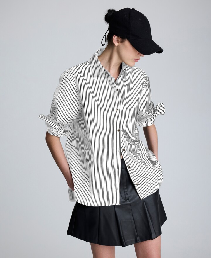 Kenneth Cole Women's Oversized Pinstripe Boyfriend Button-Front Shirt - Pure White/Black