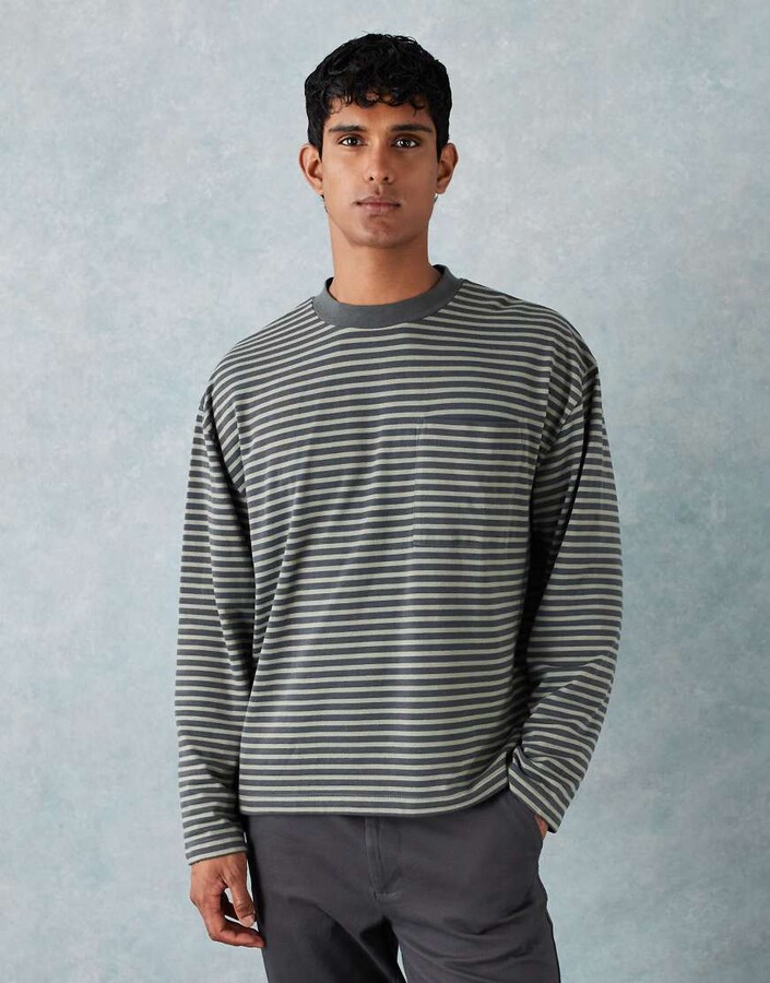 ASOS DESIGN heavyweight boxy oversized long sleeve t-shirt with pocket detail in green thin stripe
