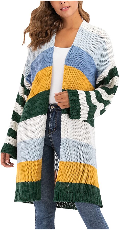 Men Comfortable Autumn Winter Rainbow Stripes Printed Knitted Long Cardigan Overcoat Long Sleeve Open Front Warm Outerwear Trench Coat