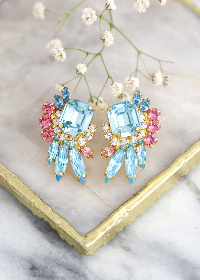 Etsy Blue Pink Crystal Earrings Aquamarine Cluster Handmade Bridesmaids Bridal Stud Earrings