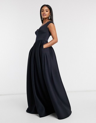 True Violet Black Label bardot prom maxi dress with pockets in navy