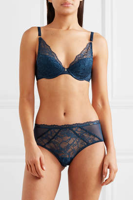 Chantelle Segur Satin-trimmed Lace And Tulle Briefs - Storm blue