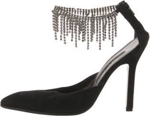 Cesare Paciotti Suede Pumps Black Semi-Pointed Toes Wrap-Around Straps & Exposed Zip Closure at Ankles
