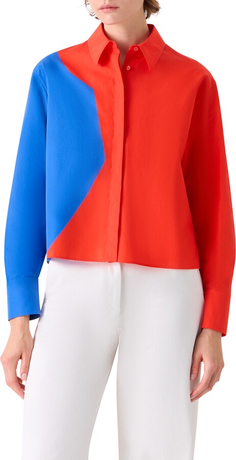 Akris High Plains Colorblock Crop Cotton Poplin Button-Up Shirt