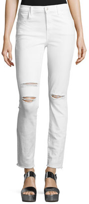 J Brand Maria High-Rise Distressed Skinny Jeans with Raw Hem, White Mercy