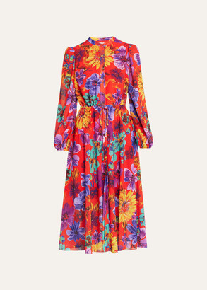 Lorian Wildflower Blouson-Sleeve Midi Dress