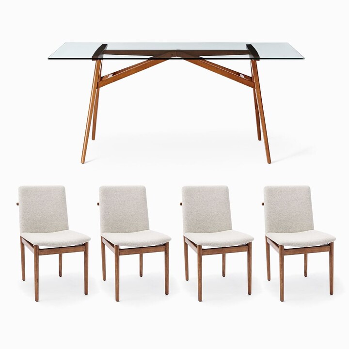 west elm Jensen Dining Table & 4 Framework Upholstered Dining Chairs