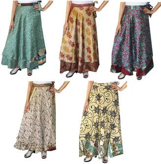 Maple Clothing Wholesale 5 Pcs Lot Two Layers India Sari Magic Wrap Around Long Skirt