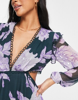 ASOS Petite ASOS DESIGN Petite maxi dress with long sleeve with circle trim and embellishment in black based lilac floral print