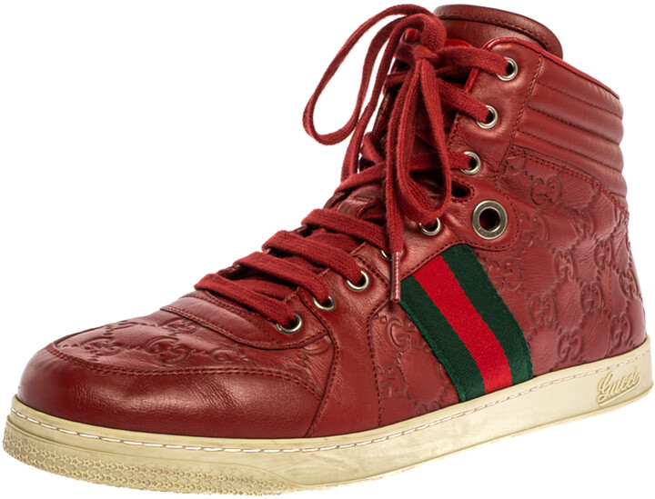 Gucci Red Guccissima Leather Viaggio Web Detail High Top Sneakers Size 42.5  - ShopStyle