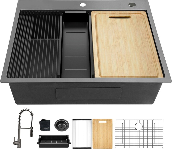 flynama 27x22x10inch Gunmetal Kitchen Sink Topmount Stainless Steel Worksation Single Bowl