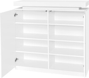 Large Spaces Shoe Cabinet With Led - High Glossy White, Movable Shelves, Ample Storage For 16 Pairs, Woven Doors, Classic Style Entryway, Bedroom, Off