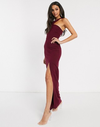 Vesper Tall one strap maxi dress with leg split in burgundy