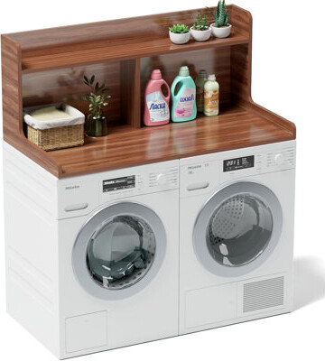 caimen 2-tier Washer Dryer Countertop With Edge Rails And Protective Pads, Wood Laundry Topper Organizer With Storage Shelf For Front Load Washers And Dryers