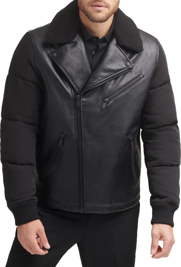 DKNY Men's Mixed Media Faux Leather with Puffer Sleeves ShopStyle
