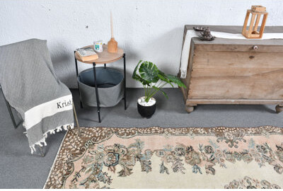 Bungalow Rose Handcrafted Large Turkish Oushak Rug with Vintage Design and Beige Floral Pattern for Living Spaces Brown/Beige