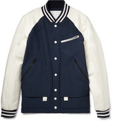 Thumbnail for your product : White Mountaineering Leather-Trimmed Patterned Cotton Bomber Jacket