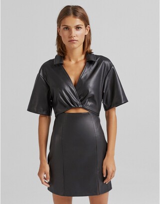 Bershka tie detail PU mini shirt dress in black - ShopStyle