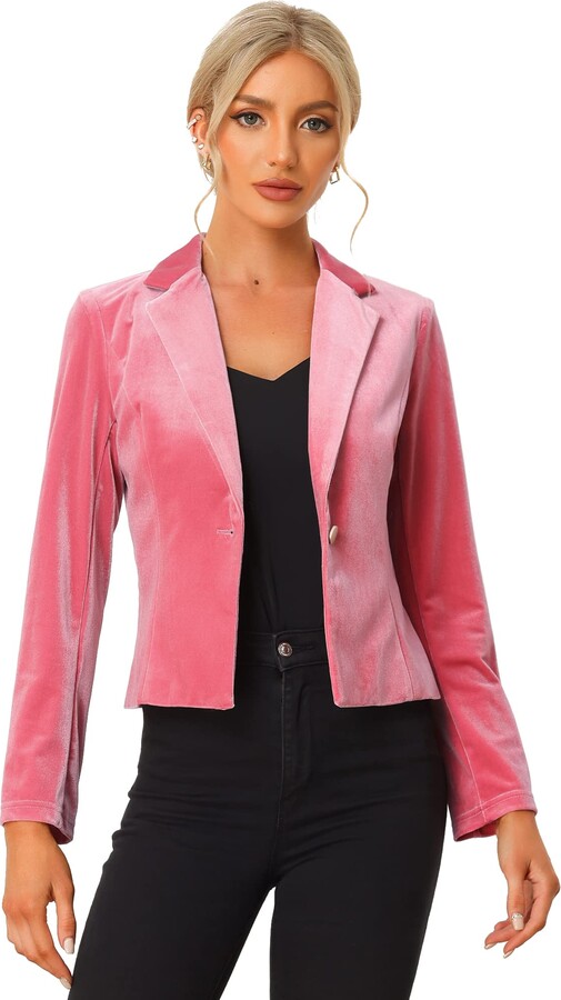 Allegra K Women's 1 Button Velvet Blazer Lapel Business Office Crop