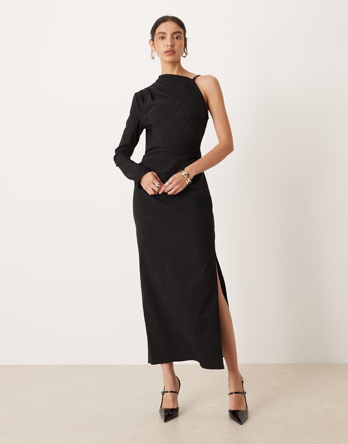 ASOS DESIGN one shoulder draped midi dress in black and white pinstripe