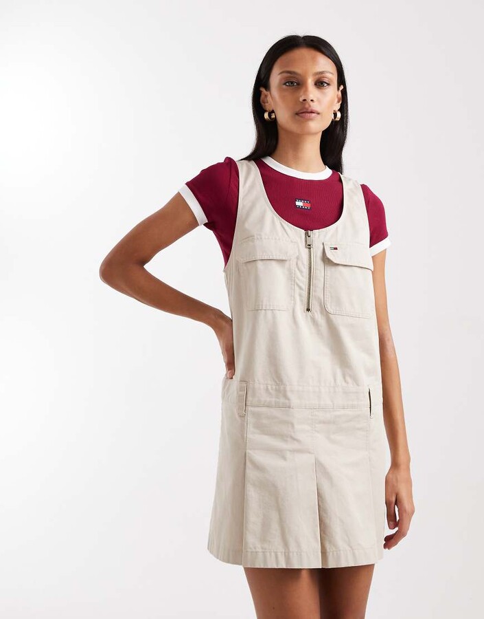 Tommy Jeans pinafore pleated mini dress in beige