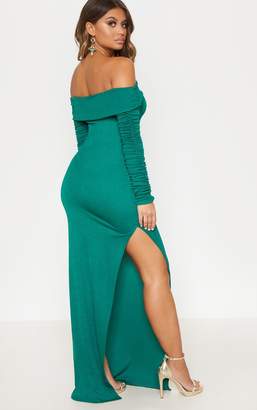 PrettyLittleThing Emerald Green Bardot Long Sleeve Split Detail Maxi Dress