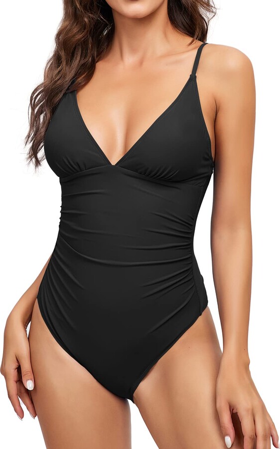 DANIFY Women's One Piece Swimsuits Tummy Control Front Cross Bathing Suits  Slimming Swimsuit V Neck Swimwear Monokini - ShopStyle