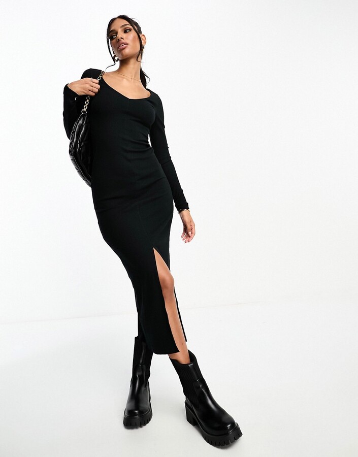 ASOS DESIGN v neck long sleeve ribbed midi dress with front split