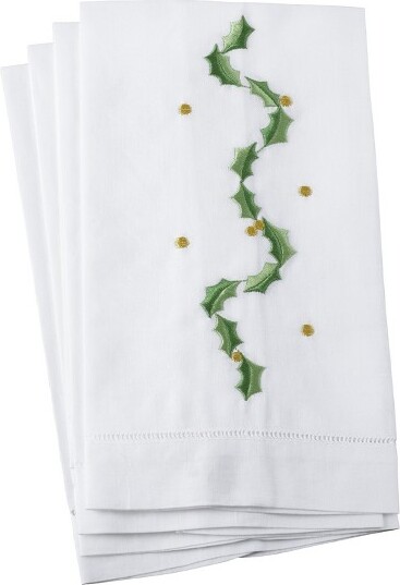 Saro Lifestyle SaroLifestyleHollyLeafGarlandEmbroideryChristmasHolidayHemstitchedBorderLinenCottonGuestTowel-Setof4,14"x22",White