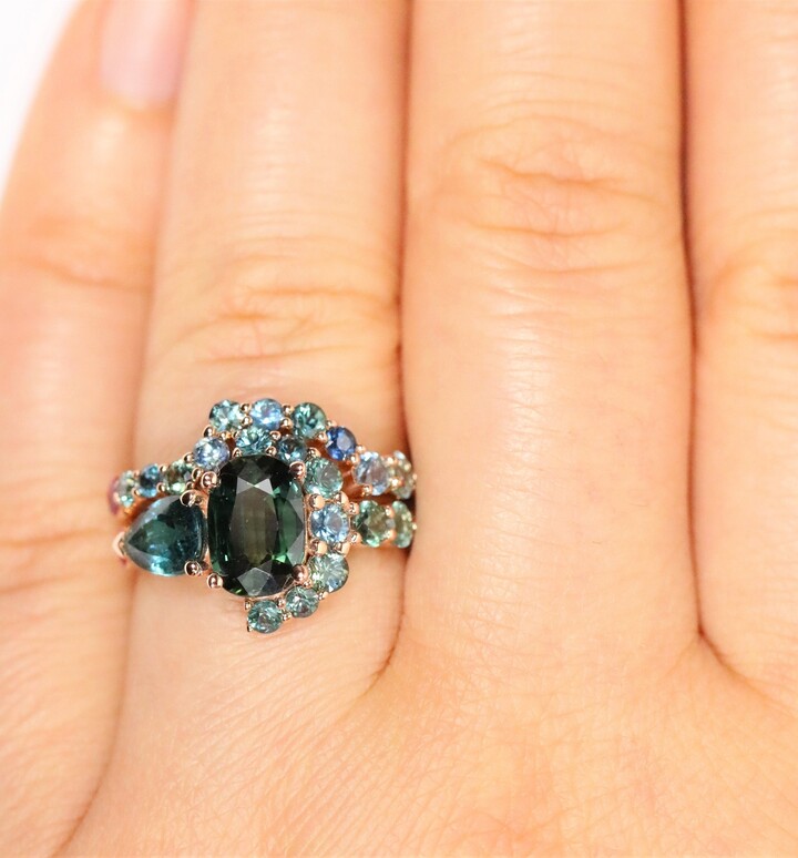 Etsy 2Ct Parti Sapphire Cluster Ring Set 14K Gold Crescent Halo