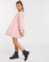Thumbnail for your product : Daisy Street mini smock dress with button front and balloon sleeves in cotton