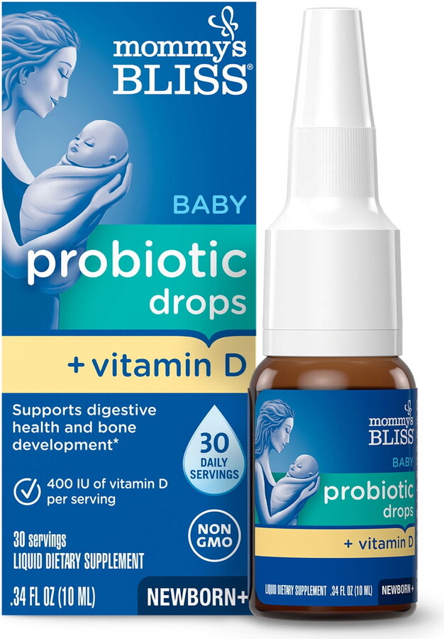 Mommy's Bliss Baby Probiotic Drops + Vitamin D, Supports Digestive Health and Immunity, 400IU Vitamin D for Healthy Bone Development, Newborns +, Flavorless, 0.34 Fl Oz (30 Servings)