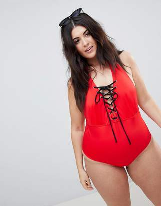 ASOS Curve DESIGN Curve recycled lace up plunge swimsuit in red