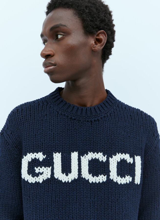 Gucci Wool Logo Intarsia Sweater - Man Knitwear Navy M - ShopStyle