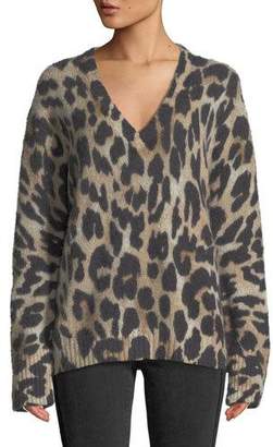 360 Sweater 360Sweater Geraldine V-Neck Long-Sleeve Leopard-Intarsia Cashmere Sweater