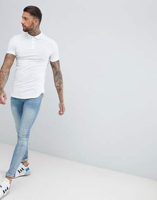 ASOS Design DESIGN longline muscle fit jersey polo with bound curved hem in white