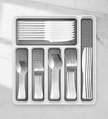 Hokku Designs 49-Piece Stainless Steel Cutlery Set For 8 People With Cutlery Storage Box Steak Knife And Kitchen Utensils (49 Pieces With Tray).